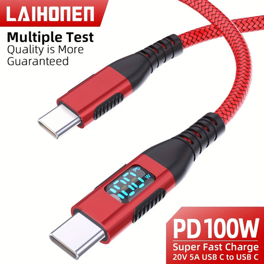 100W Ultra-Fast Charging USB-C Cable, Live Digital Display, LED Screen, Flat Nylon, USB Power Supply, 36V Max, USB to Type-C and Type-C to Type-C, Data Transfer, No Battery (Red)