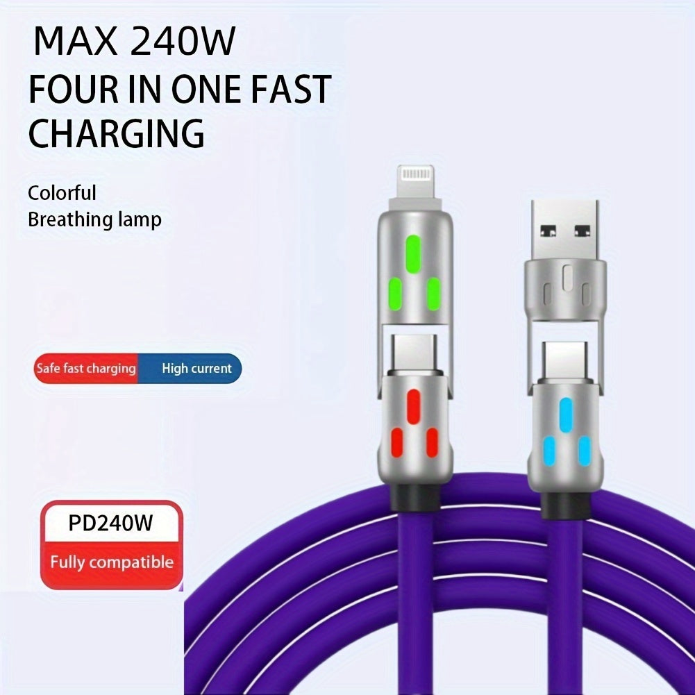 4in 1 USB C Cable Anti-Tangle Fast Charging Data Sync Cable for Smartphone 240W Luminous Fast Charging/Data Transfer Cable