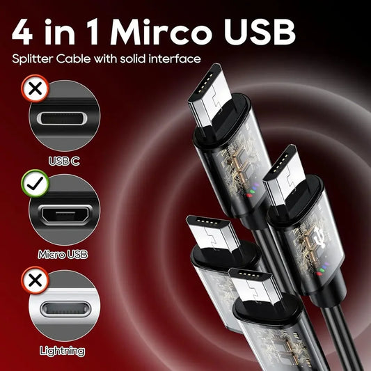 2 to 4 Micro USB Cable, Multi Micro USB Splitter Charging Cable, 5V USB A/Type C PD to Micro USB Cord, with 4 Micro Connectors
