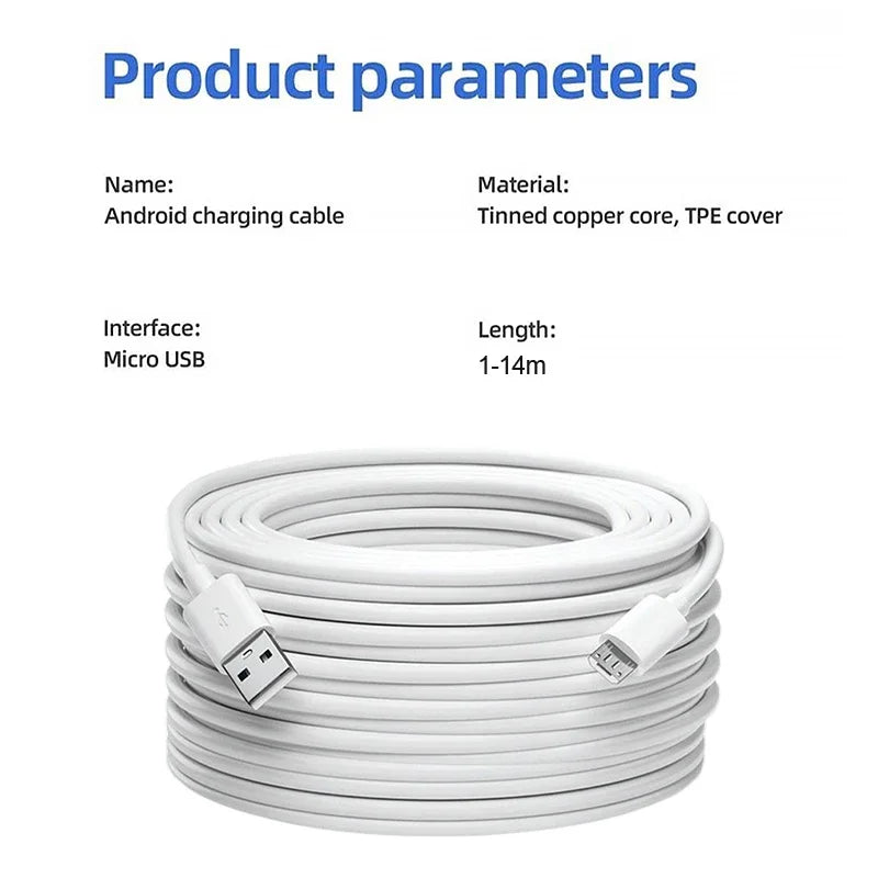 Ultra-long Micro USB charging cable suitable for monitoring driving recorder printer Android extension cable 2M 3M 5M 8M 10M 14M