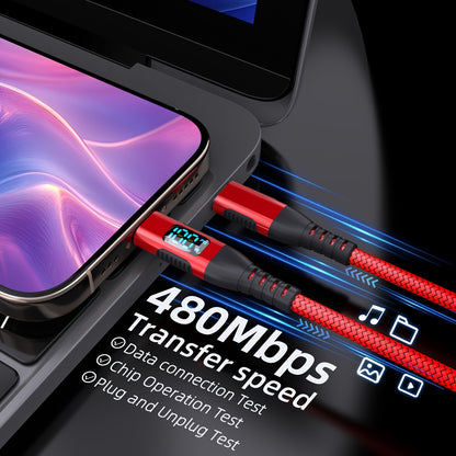 100W Ultra-Fast Charging USB-C Cable, Live Digital Display, LED Screen, Flat Nylon, USB Power Supply, 36V Max, USB to Type-C and Type-C to Type-C, Data Transfer, No Battery (Red)