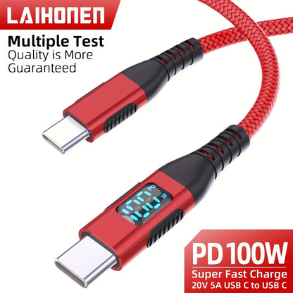 100W Ultra-Fast Charging USB-C Cable, Live Digital Display, LED Screen, Flat Nylon, USB Power Supply, 36V Max, USB to Type-C and Type-C to Type-C, Data Transfer, No Battery (Red)