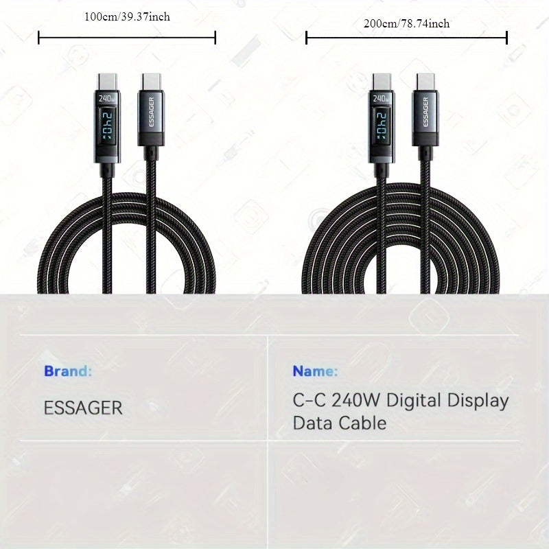 Essager 240W USB-C to USB-C Cable, 100W PD 3.1 Fast Charge, Fabric Flat Data Cord with Glossy Finish, Male to Male, Compatible with MacBook Pro, Xiaomi, and Laptops - ESSAGER Brand, No Battery, 39.37inch/78.74inch
