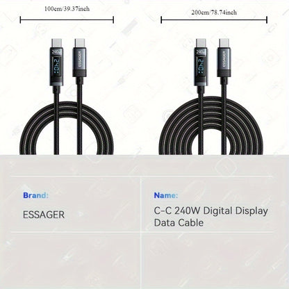 Essager 240W USB-C to USB-C Cable, 100W PD 3.1 Fast Charge, Fabric Flat Data Cord with Glossy Finish, Male to Male, Compatible with MacBook Pro, Xiaomi, and Laptops - ESSAGER Brand, No Battery, 39.37inch/78.74inch