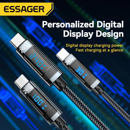 Essager 240W USB-C to USB-C Cable, 100W PD 3.1 Fast Charge, Fabric Flat Data Cord with Glossy Finish, Male to Male, Compatible with MacBook Pro, Xiaomi, and Laptops - ESSAGER Brand, No Battery, 39.37inch/78.74inch
