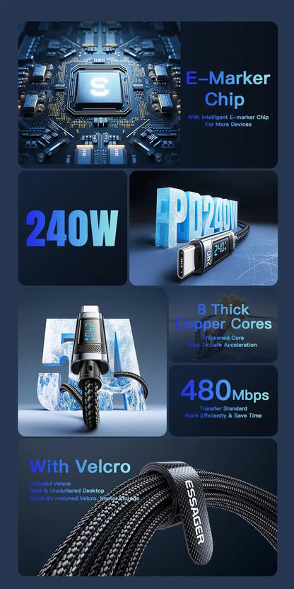 Essager 240W USB-C to USB-C Cable, 100W PD 3.1 Fast Charge, Fabric Flat Data Cord with Glossy Finish, Male to Male, Compatible with MacBook Pro, Xiaomi, and Laptops - ESSAGER Brand, No Battery, 39.37inch/78.74inch