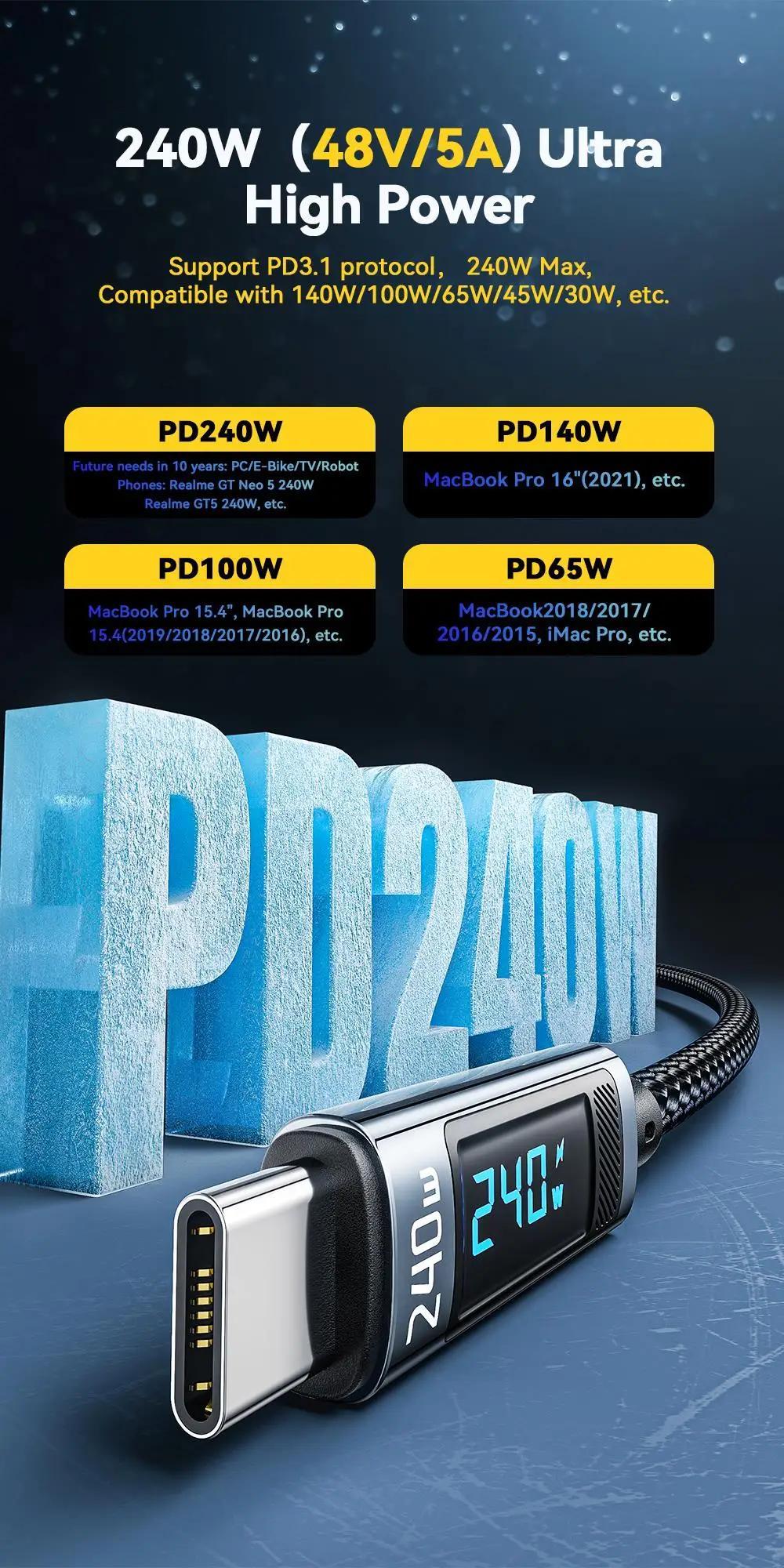 Essager 240W USB-C to USB-C Cable, 100W PD 3.1 Fast Charge, Fabric Flat Data Cord with Glossy Finish, Male to Male, Compatible with MacBook Pro, Xiaomi, and Laptops - ESSAGER Brand, No Battery, 39.37inch/78.74inch