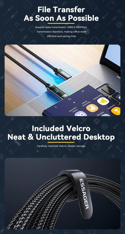 Essager 240W USB-C to USB-C Cable, 100W PD 3.1 Fast Charge, Fabric Flat Data Cord with Glossy Finish, Male to Male, Compatible with MacBook Pro, Xiaomi, and Laptops - ESSAGER Brand, No Battery, 39.37inch/78.74inch