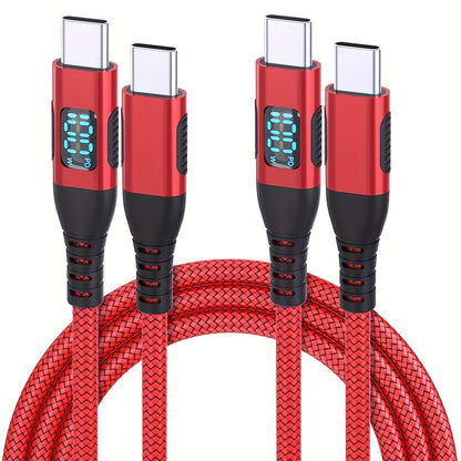 100W Ultra-Fast Charging USB-C Cable, Live Digital Display, LED Screen, Flat Nylon, USB Power Supply, 36V Max, USB to Type-C and Type-C to Type-C, Data Transfer, No Battery (Red)