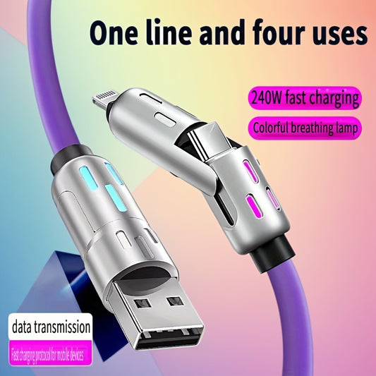 4in 1 USB C Cable Anti-Tangle Fast Charging Data Sync Cable for Smartphone 240W Luminous Fast Charging/Data Transfer Cable