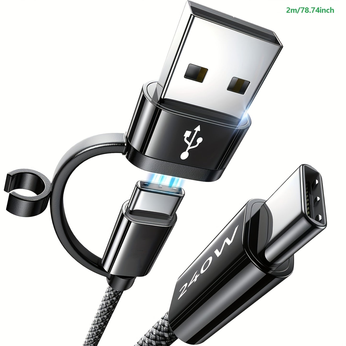 240W 3-in-1 Fast Charging Nylon Braided USB-C Cable, Round Shape, USB Powered, ≤36V Male to Female Connector for MacBook, iPhone, iPad, Samsung & More - No Battery Required