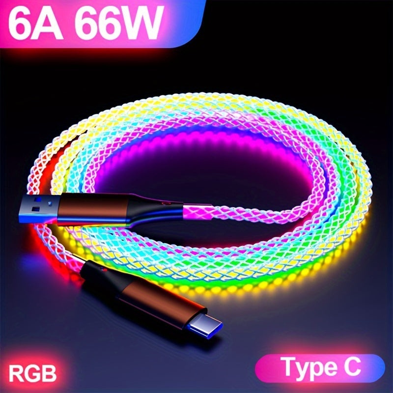 66W Super Fast Charging USB-C Cable with RGB Lighting, Data Sync, Glossy PVC Round Cable, USB Male to Type-C Male Connector, Compatible with Xiaomi, Huawei, Samsung, OPPO - USB-Powered, No Battery, Data Transmission Enabled