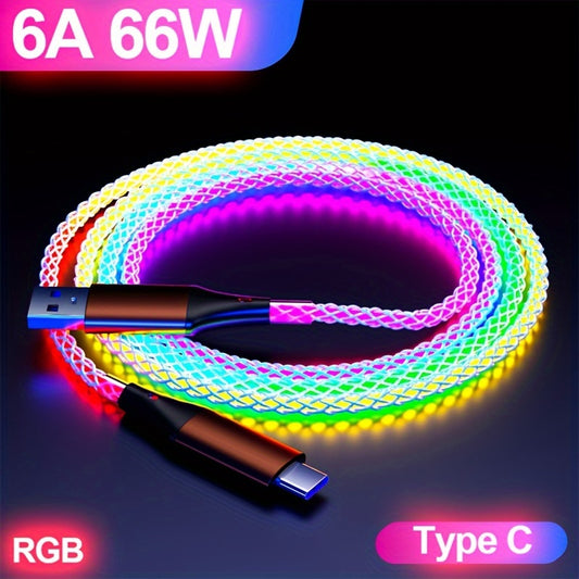 66W Super Fast Charging USB-C Cable with RGB Lighting, Data Sync, Glossy PVC Round Cable, USB Male to Type-C Male Connector, Compatible with Xiaomi, Huawei, Samsung, OPPO - USB-Powered, No Battery, Data Transmission Enabled
