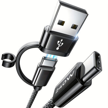 240W 3-in-1 Fast Charging Nylon Braided USB-C Cable, Round Shape, USB Powered, ≤36V Male to Female Connector for MacBook, iPhone, iPad, Samsung & More - No Battery Required