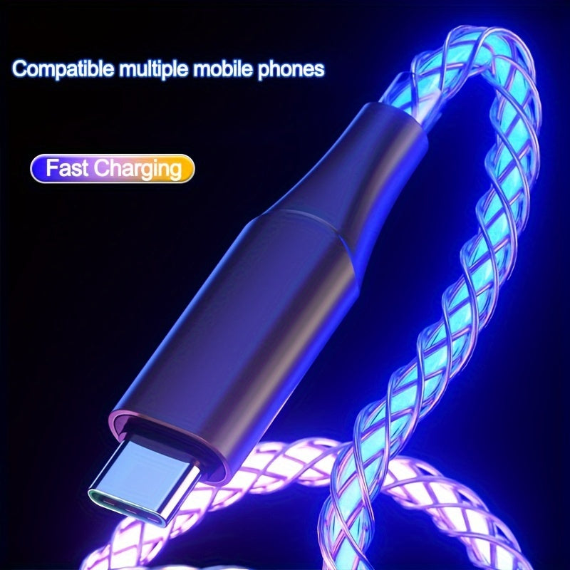 66W Super Fast Charging USB-C Cable with RGB Lighting, Data Sync, Glossy PVC Round Cable, USB Male to Type-C Male Connector, Compatible with Xiaomi, Huawei, Samsung, OPPO - USB-Powered, No Battery, Data Transmission Enabled