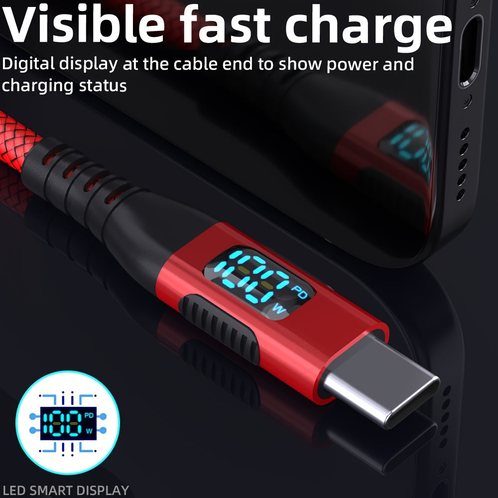 100W Ultra-Fast Charging USB-C Cable, Live Digital Display, LED Screen, Flat Nylon, USB Power Supply, 36V Max, USB to Type-C and Type-C to Type-C, Data Transfer, No Battery (Red)