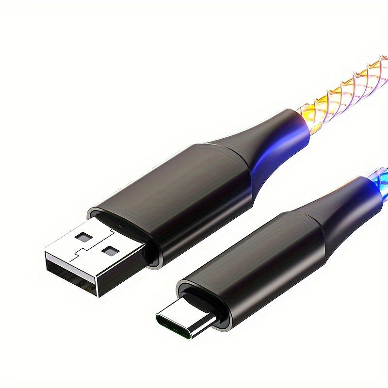 66W Super Fast Charging USB-C Cable with RGB Lighting, Data Sync, Glossy PVC Round Cable, USB Male to Type-C Male Connector, Compatible with Xiaomi, Huawei, Samsung, OPPO - USB-Powered, No Battery, Data Transmission Enabled