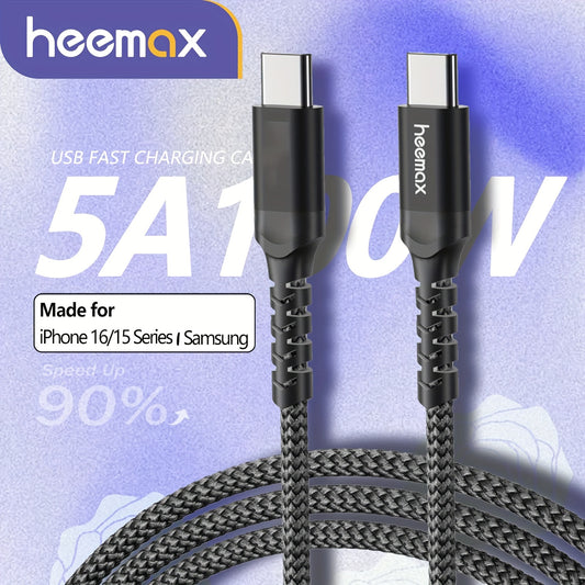 Heemax USB C to USB C Cable, 5A Fast Charging, 100W Max, Compatible with iPhone 16 Pro Max/15, Samsung S22 Ultra, MacBook Air/Pro, iPad Mini 6/iPad Pro, Pixel 6, Nylon Braided, Round Shape, Type-C Connector, 36V Max Voltage,