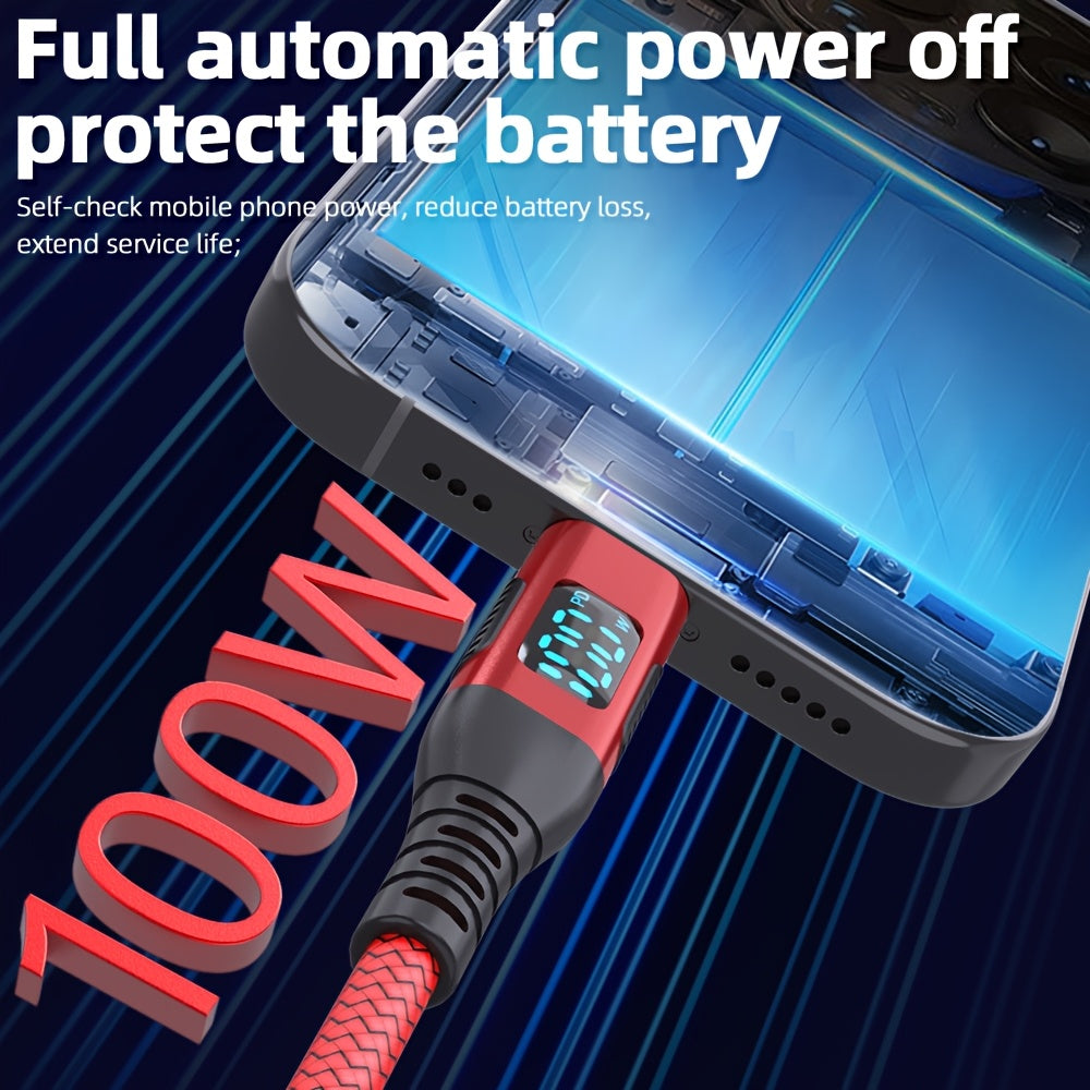 100W Ultra-Fast Charging USB-C Cable, Live Digital Display, LED Screen, Flat Nylon, USB Power Supply, 36V Max, USB to Type-C and Type-C to Type-C, Data Transfer, No Battery (Red)