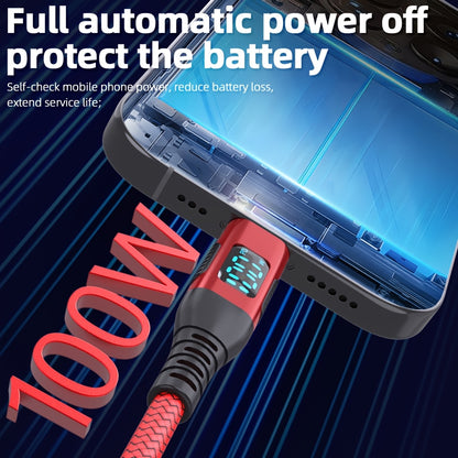 100W Ultra-Fast Charging USB-C Cable, Live Digital Display, LED Screen, Flat Nylon, USB Power Supply, 36V Max, USB to Type-C and Type-C to Type-C, Data Transfer, No Battery (Red)