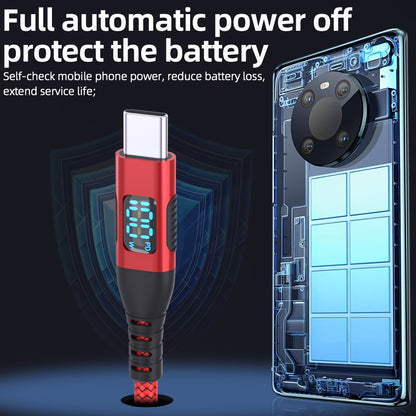 100W Ultra-Fast Charging USB-C Cable, Live Digital Display, LED Screen, Flat Nylon, USB Power Supply, 36V Max, USB to Type-C and Type-C to Type-C, Data Transfer, No Battery (Red)