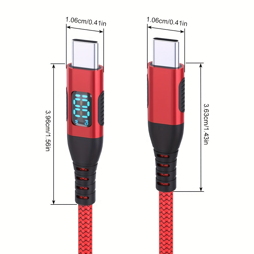 100W Ultra-Fast Charging USB-C Cable, Live Digital Display, LED Screen, Flat Nylon, USB Power Supply, 36V Max, USB to Type-C and Type-C to Type-C, Data Transfer, No Battery (Red)