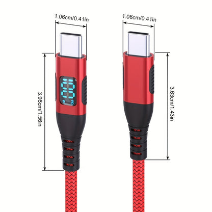 100W Ultra-Fast Charging USB-C Cable, Live Digital Display, LED Screen, Flat Nylon, USB Power Supply, 36V Max, USB to Type-C and Type-C to Type-C, Data Transfer, No Battery (Red)