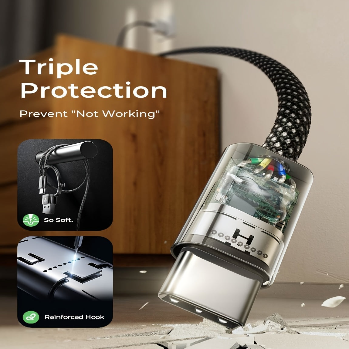 240W 3-in-1 Fast Charging Nylon Braided USB-C Cable, Round Shape, USB Powered, ≤36V Male to Female Connector for MacBook, iPhone, iPad, Samsung & More - No Battery Required