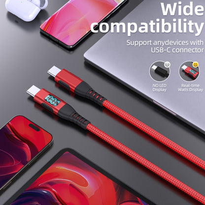 100W Ultra-Fast Charging USB-C Cable, Live Digital Display, LED Screen, Flat Nylon, USB Power Supply, 36V Max, USB to Type-C and Type-C to Type-C, Data Transfer, No Battery (Red)
