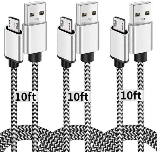 Micro USB Cable, 10ft 3 Pack Extra Long Charging Cord Nylon Braided High Speed Durable Fast Charging USB Charger Android Cable