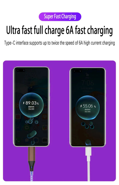 6A Super Fast Charging Colorful Light Data Cable A Drag Three RGB Breathing Gradient Car Charging Cable USB 3 In 1 Universal