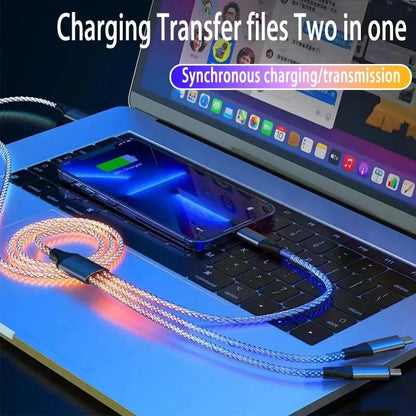 6A Super Fast Charging Colorful Light Data Cable A Drag Three RGB Breathing Gradient Car Charging Cable USB 3 In 1 Universal