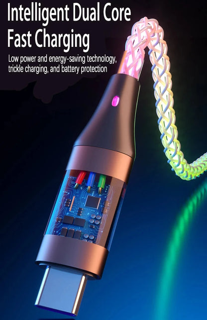 6A Super Fast Charging Colorful Light Data Cable A Drag Three RGB Breathing Gradient Car Charging Cable USB 3 In 1 Universal