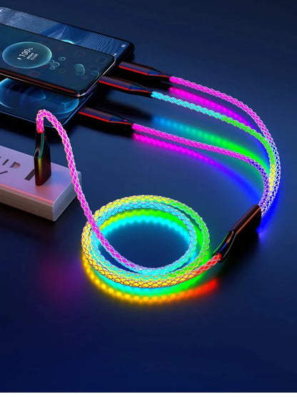 6A Super Fast Charging Colorful Light Data Cable A Drag Three RGB Breathing Gradient Car Charging Cable USB 3 In 1 Universal