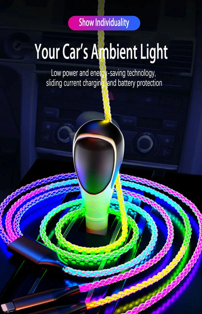 6A Super Fast Charging Colorful Light Data Cable A Drag Three RGB Breathing Gradient Car Charging Cable USB 3 In 1 Universal