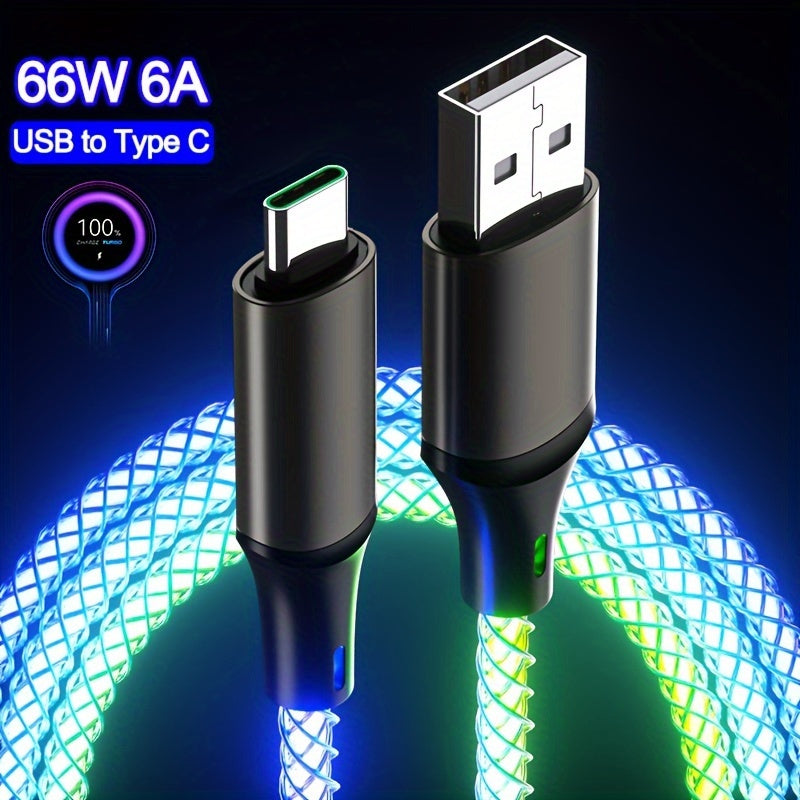 66W Super Fast Charging USB-C Cable with RGB Lighting, Data Sync, Glossy PVC Round Cable, USB Male to Type-C Male Connector, Compatible with Xiaomi, Huawei, Samsung, OPPO - USB-Powered, No Battery, Data Transmission Enabled