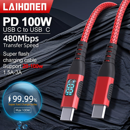 100W Ultra-Fast Charging USB-C Cable, Live Digital Display, LED Screen, Flat Nylon, USB Power Supply, 36V Max, USB to Type-C and Type-C to Type-C, Data Transfer, No Battery (Red)