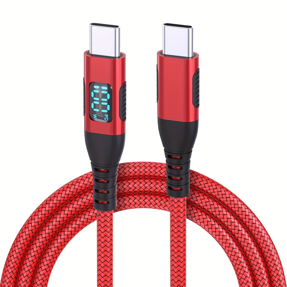 100W Ultra-Fast Charging USB-C Cable, Live Digital Display, LED Screen, Flat Nylon, USB Power Supply, 36V Max, USB to Type-C and Type-C to Type-C, Data Transfer, No Battery (Red)