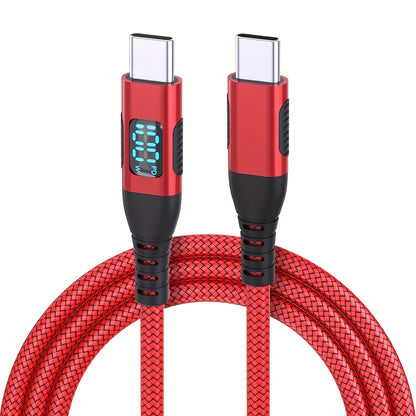 100W Ultra-Fast Charging USB-C Cable, Live Digital Display, LED Screen, Flat Nylon, USB Power Supply, 36V Max, USB to Type-C and Type-C to Type-C, Data Transfer, No Battery (Red)