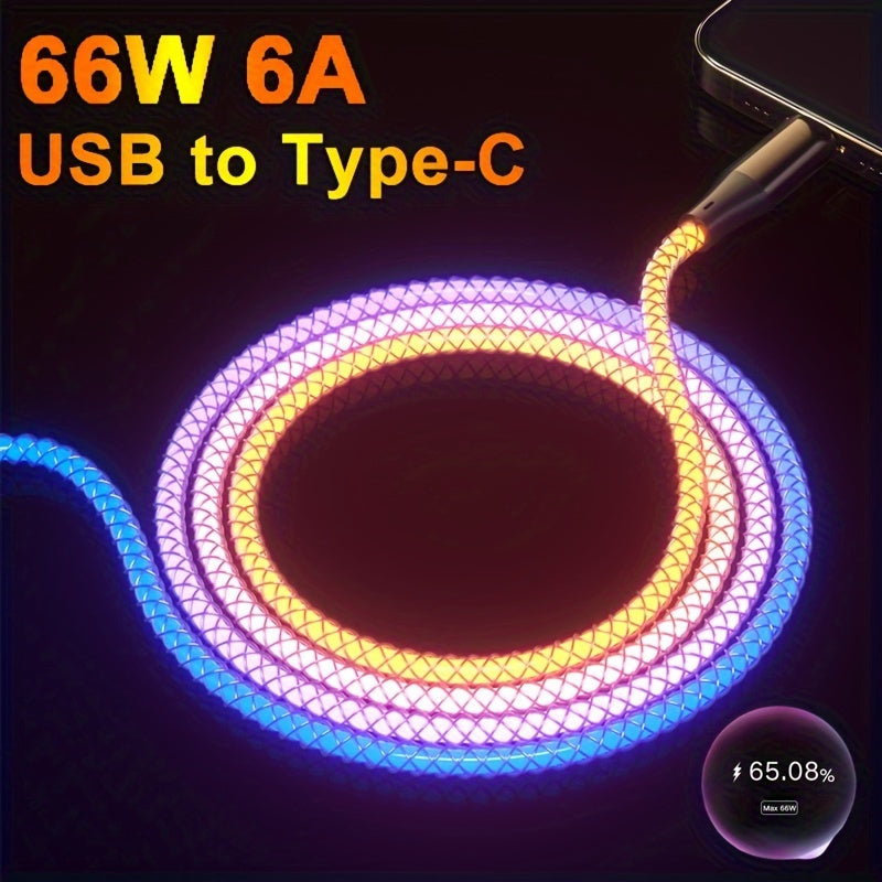 66W Super Fast Charging USB-C Cable with RGB Lighting, Data Sync, Glossy PVC Round Cable, USB Male to Type-C Male Connector, Compatible with Xiaomi, Huawei, Samsung, OPPO - USB-Powered, No Battery, Data Transmission Enabled