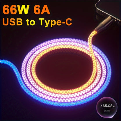 66W Super Fast Charging USB-C Cable with RGB Lighting, Data Sync, Glossy PVC Round Cable, USB Male to Type-C Male Connector, Compatible with Xiaomi, Huawei, Samsung, OPPO - USB-Powered, No Battery, Data Transmission Enabled