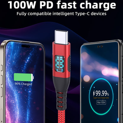100W Ultra-Fast Charging USB-C Cable, Live Digital Display, LED Screen, Flat Nylon, USB Power Supply, 36V Max, USB to Type-C and Type-C to Type-C, Data Transfer, No Battery (Red)