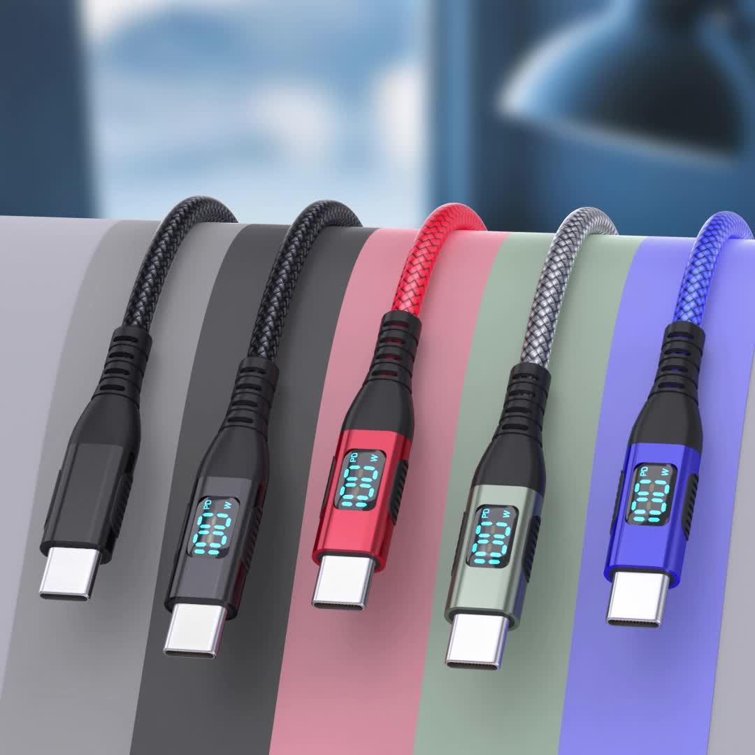 100W Ultra-Fast Charging USB-C Cable, Live Digital Display, LED Screen, Flat Nylon, USB Power Supply, 36V Max, USB to Type-C and Type-C to Type-C, Data Transfer, No Battery (Red)