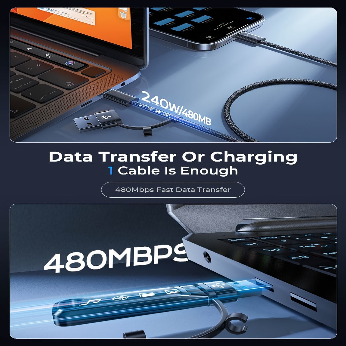 240W 3-in-1 Fast Charging Nylon Braided USB-C Cable, Round Shape, USB Powered, ≤36V Male to Female Connector for MacBook, iPhone, iPad, Samsung & More - No Battery Required