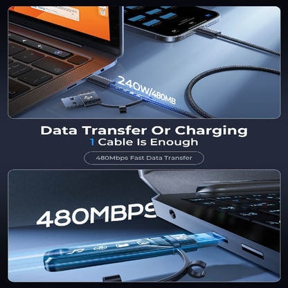 240W 3-in-1 Fast Charging Nylon Braided USB-C Cable, Round Shape, USB Powered, ≤36V Male to Female Connector for MacBook, iPhone, iPad, Samsung & More - No Battery Required