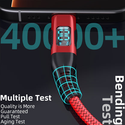 100W Ultra-Fast Charging USB-C Cable, Live Digital Display, LED Screen, Flat Nylon, USB Power Supply, 36V Max, USB to Type-C and Type-C to Type-C, Data Transfer, No Battery (Red)