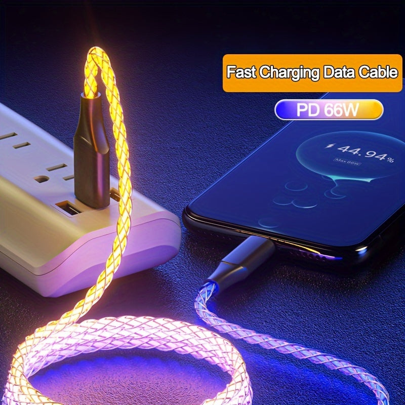 66W Super Fast Charging USB-C Cable with RGB Lighting, Data Sync, Glossy PVC Round Cable, USB Male to Type-C Male Connector, Compatible with Xiaomi, Huawei, Samsung, OPPO - USB-Powered, No Battery, Data Transmission Enabled