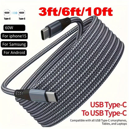 60W Fast Charge & Data Sync Cable - 3ft/6ft/10ft Braided - Universal For IPhone 15 Plus Pro Max, Android, Laptops - USB-C To USB-C Cable Birthday, Christmas, Festival, New Year's Gift