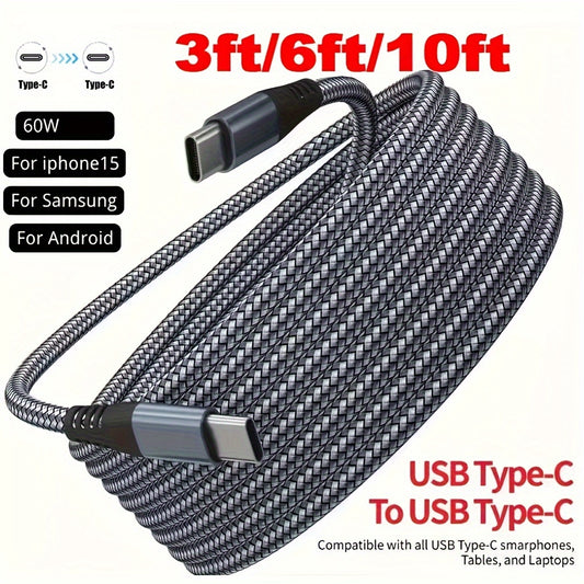 60W Fast Charge & Data Sync Cable - 3ft/6ft/10ft Braided - Universal For IPhone 15 Plus Pro Max, Android, Laptops - USB-C To USB-C Cable Birthday, Christmas, Festival, New Year's Gift