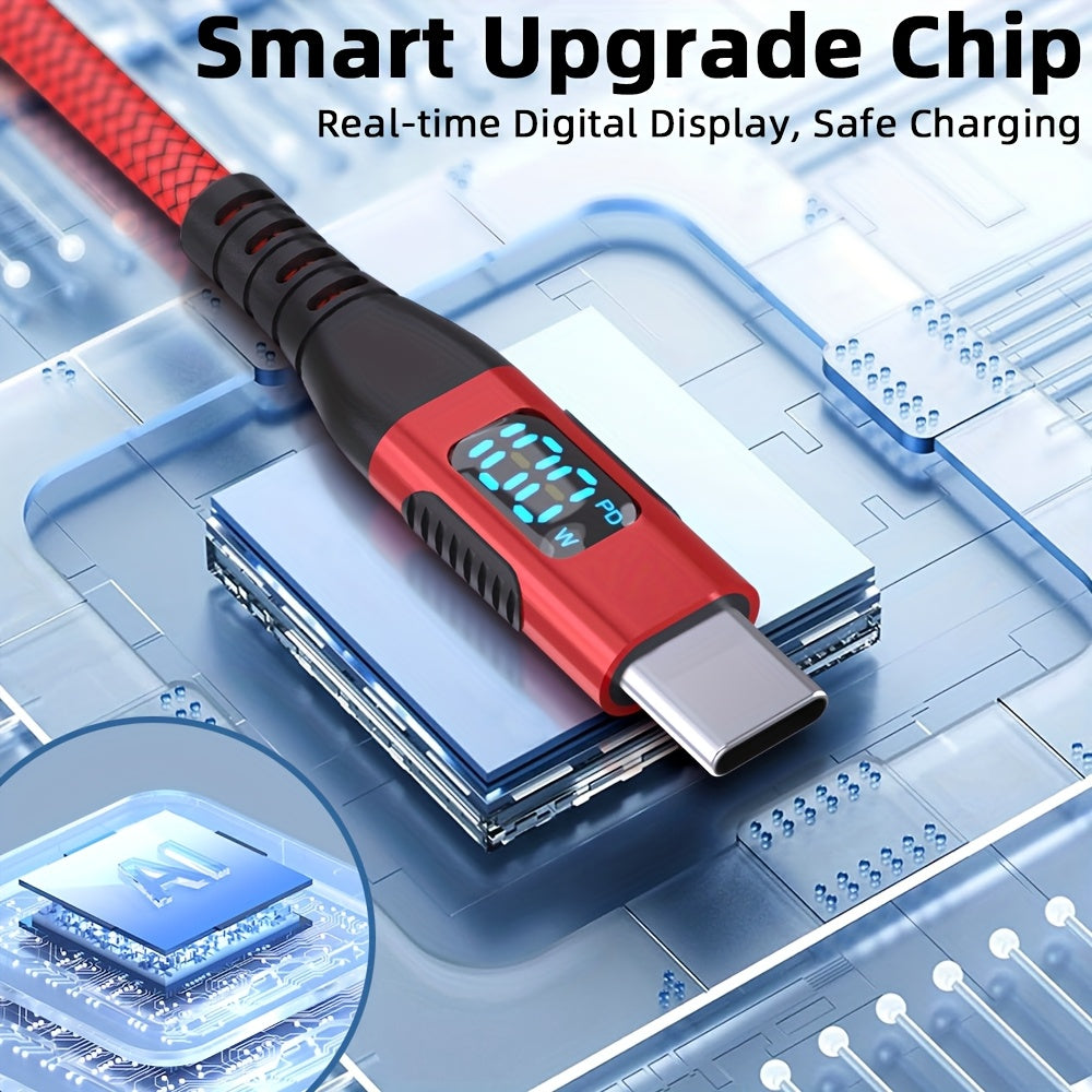 100W Ultra-Fast Charging USB-C Cable, Live Digital Display, LED Screen, Flat Nylon, USB Power Supply, 36V Max, USB to Type-C and Type-C to Type-C, Data Transfer, No Battery (Red)